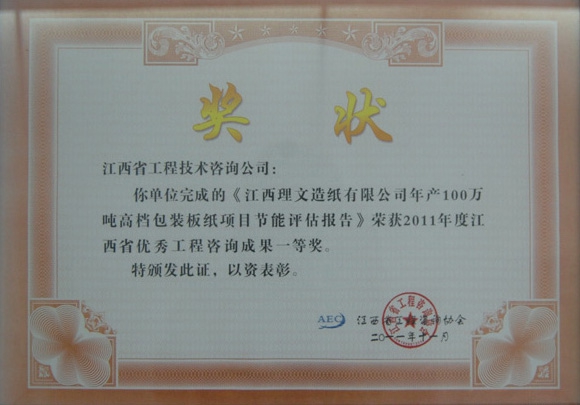 江西理文造纸有限公司年产100万吨高档包装板纸项目节能评估报告（江西省优秀工程咨询成果一等奖）