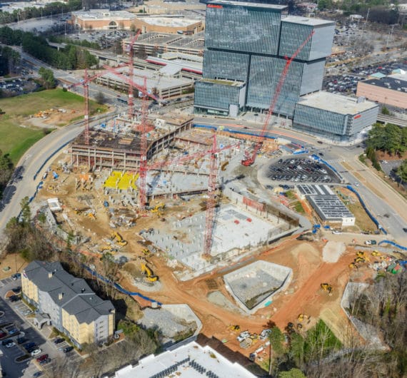 Aerial image of State Farm Arena construction in Atlanta, GA.